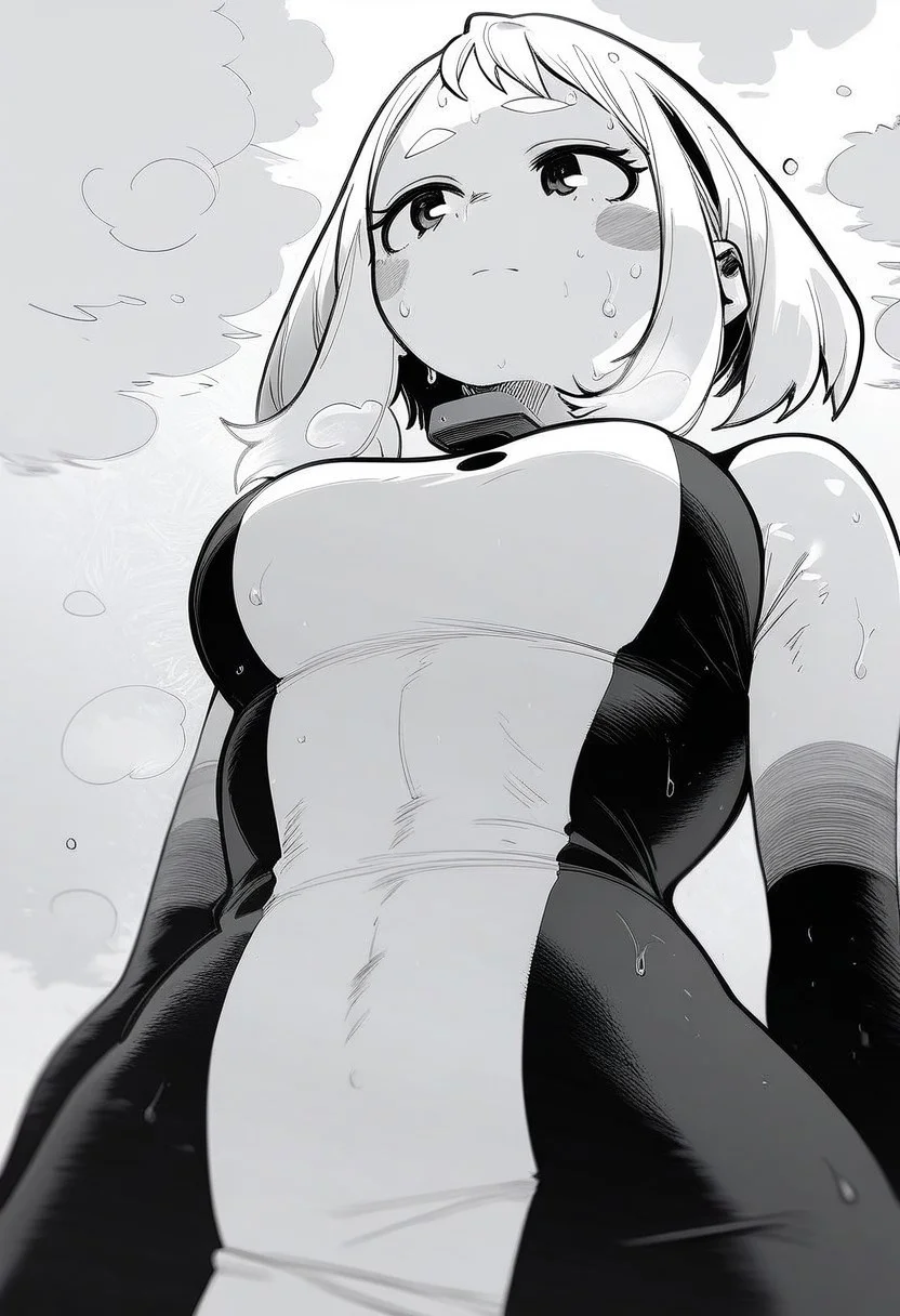 flatshinyskin, score_9, score_8_up, score_7_up , 1girl, 1girl, mosaic censoring, slight seductive pose,, medium breasts, sweating, breasts,, long skirt, 1girl, solo focus, Upper body, hands behind, wet, sweaty, sweating, steam, lying on back, low angle, under boobs, 
ochako_uraraka, 1girl, score_9, score_8_up, score_7_up, Monochrome, MANGASTYLE ,bodysuit, solo focus, perfect body, curvey, thick waist, thick body, skin tight dress, , front view, front focus,
 ((facing up, looking upwards)), arched back, leaning backwards