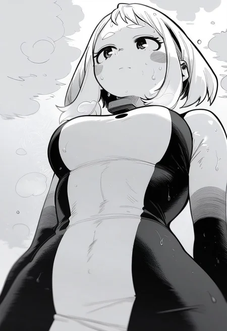 flatshinyskin, score_9, score_8_up, score_7_up , 1girl, 1girl, mosaic censoring, slight seductive pose,, medium breasts, sweating, breasts,, long skirt, 1girl, solo focus, Upper body, hands behind, wet, sweaty, sweating, steam, lying on back, low angle, under boobs,
ochako_uraraka, 1girl, score_9, score_8_up, score_7_up, Monochrome, MANGASTYLE ,bodysuit, solo focus, perfect body, curvey, thick waist, thick body, skin tight dress, , front view, front focus,
((facing up, looking upwards)), arched back, leaning backwards