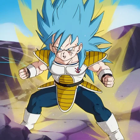 official artstyle, anime screencap, highly detailed,1boy, solo, male focus, perfect composition, good shading, masterpiece, masterwork, best quality, absurdres, hyper-detailed, amazing quality, very aesthetic, high resolution, ultra-detailed, newest, official art, 1boy, solo, male focus, scowling, grumpy, saiyan armor,vegeta, spiked hair, long hair, blue hair, long bangs, blue eyes, no eyebrows, monkey tail,(young:1.2), dynamic pose, (yellow aura:1.2), rocks, sky, day