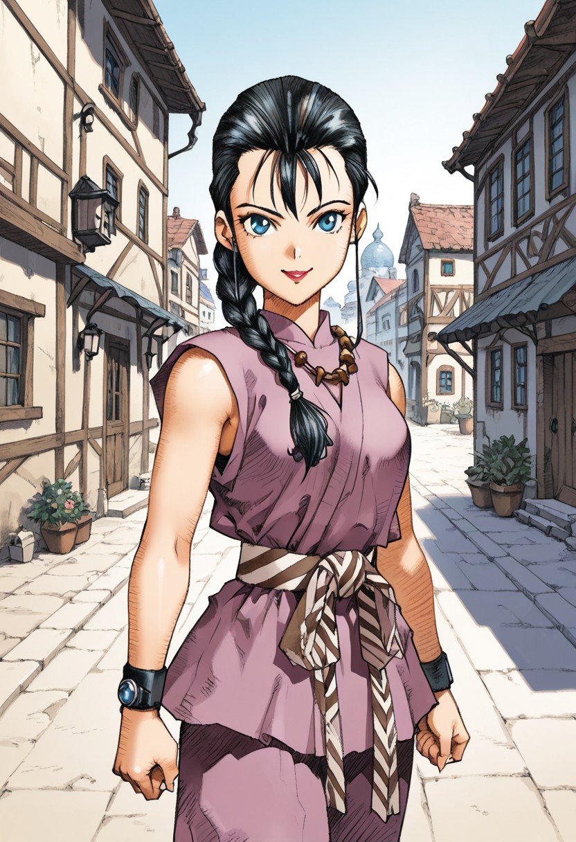 score_9,score_8_up,score_7_up,source_anime,5_figner,2d_animation,game cg,BREAK,1girl,solo,Reeshine,lipstick,single braid,blue eyes,long hair,black hair,jewelry,dougi,necklace,
medium breasts,
front view,cowboyshot,looking at viewer,
smile,
Outdoor,old,town,fantasy,
masterpiece,best qualit,ultra-detailed,illustration,an extremely delicate and beautiful,beautiful detailed eyes,unity 8k wallpaper,high resolution,anime CG,official_art,