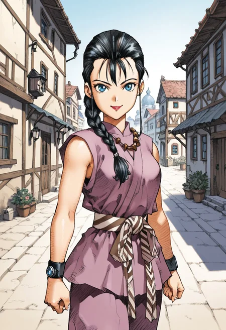 score_9,score_8_up,score_7_up,source_anime,5_figner,2d_animation,game cg,BREAK,1girl,solo,Reeshine,lipstick,single braid,blue eyes,long hair,black hair,jewelry,dougi,necklace,
medium breasts,
front view,cowboyshot,looking at viewer,
smile,
Outdoor,old,town,fantasy,
masterpiece,best qualit,ultra-detailed,illustration,an extremely delicate and beautiful,beautiful detailed eyes,unity 8k wallpaper,high resolution,anime CG,official_art,