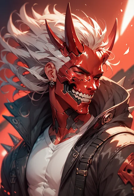 (score_9, score_8_up), score_7_up, 1boy, red mask, red theme, belt, black jacket, spikes, white shirt, teeth, solo, cyberpunk, horns, white hair, floating hair, skull, shiny, hoodie,
Depth of field, blurring background, cinematic lighting
<lora:masky-000009:0.8>
