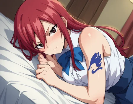 score_9, score_8_up, score_7_up, source_anime,
erzascarlet, <lora:erza-scarlet-ponyxl-lora-nochekaiser:1>
erza scarlet, long hair, red hair, hair between eyes, brown eyes,
skirt, shirt, bow, boots, sleeveless, sleeveless shirt, tattoo, white shirt, frills,
indoors, bed, bed room, on side, blush, drunk,
looking at viewer, dutch angle, cowboy shot