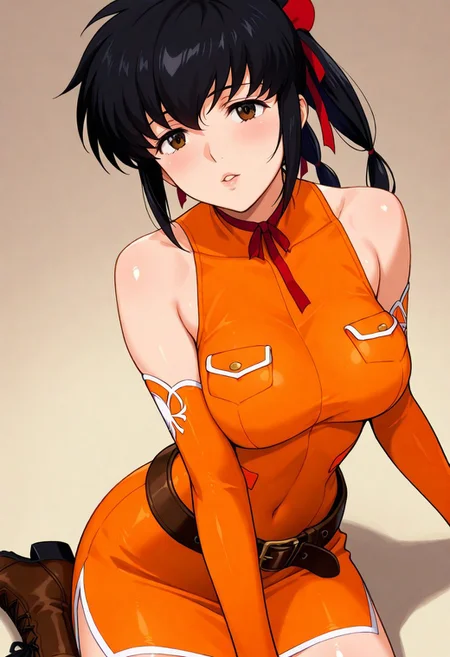masterpiece,best quality, highres, shiny skin,
lisa_pacifist, black hair, 1girl, solo, ponytail, twintails, long hair, breasts, black hair, brown eyes, parted lips, detached sleeves, bare shoulders, ribbon, belt, hair ribbon, elbow gloves, dress, sleeveless, orange shirt, boots,