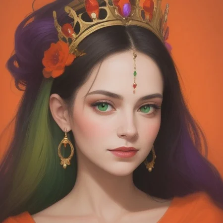 Portrait of a beautiful Queen.
Orange, red, green,  purple colors only.