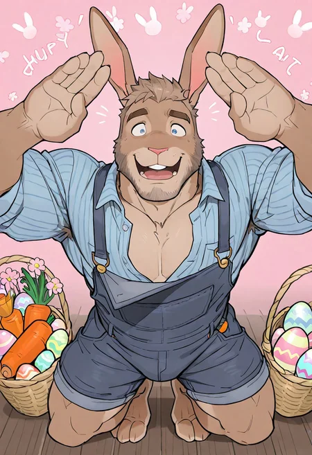very awa, masterpiece, best quality, absurdres, newest, perfect quality, intricate details, male focus, m/m, male, human face, anthro rabbit, rabbit ears. b4cc4r4t, rabbit boy.
Teal rabbit, bunny ears, rabbit legs, lucky rabbit feet, facial hair, furry legs, light brown skin, human face, masculine. age 25, body hair, stubble, beard, half buttoned jean overalls
Large Easter eggs, carrots, spring flowers.