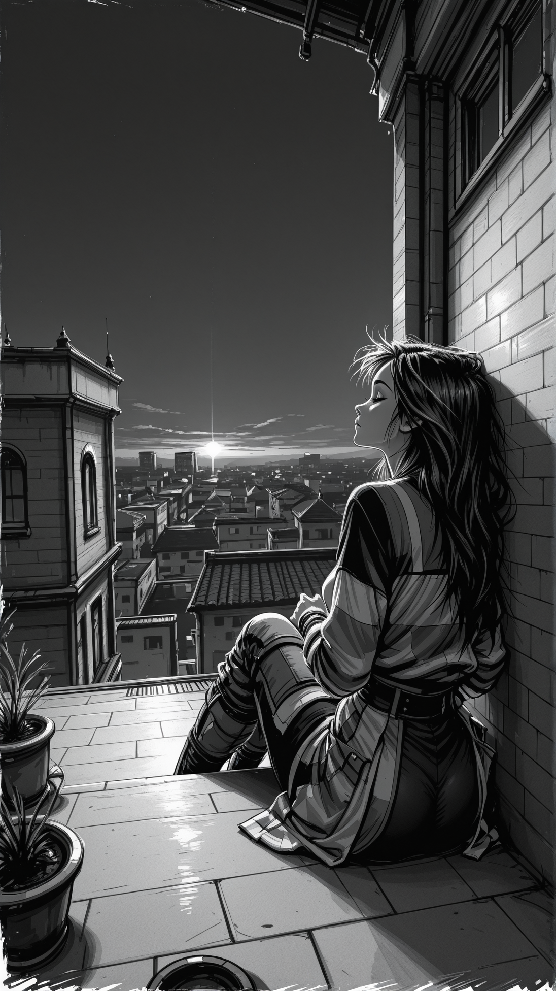 high_quality, highres, detailed, masterpiece, best quality, absurdres,Jedsk5tch, sketch, black and white,woman,sitting, against wall, rooftop at dusk, wind in hair, layered futuristic clothing, high angle shot, sideview,  <lora:SketchStyle-000015:1>