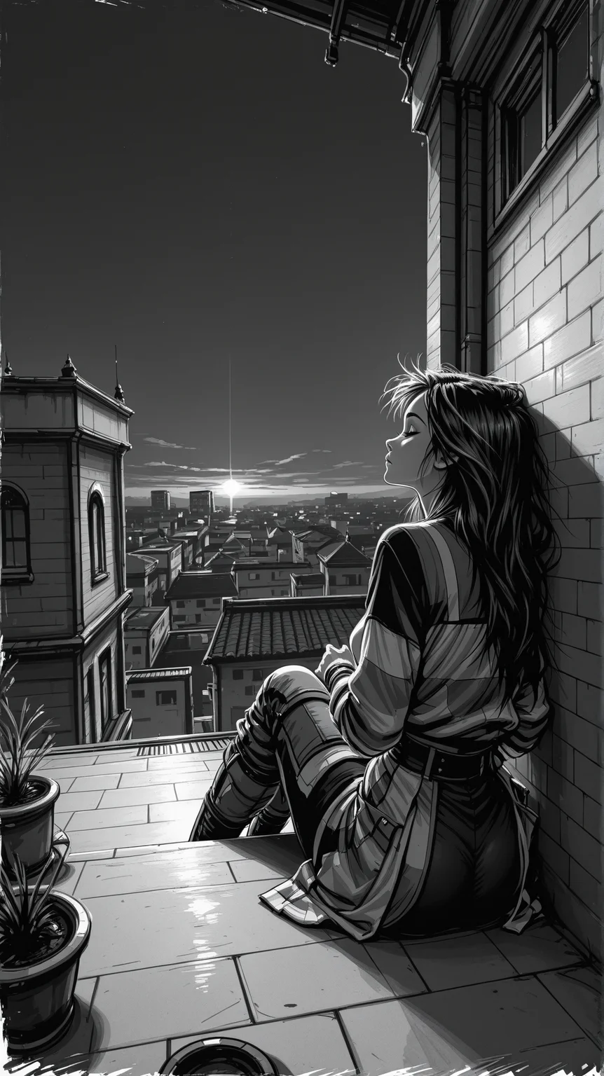high_quality, highres, detailed, masterpiece, best quality, absurdres,Jedsk5tch, sketch, black and white,woman,sitting, against wall, rooftop at dusk, wind in hair, layered futuristic clothing, high angle shot, sideview, <lora:SketchStyle-000015:1>