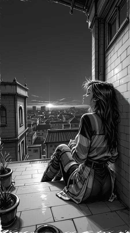 high_quality, highres, detailed, masterpiece, best quality, absurdres,Jedsk5tch, sketch, black and white,woman,sitting, against wall, rooftop at dusk, wind in hair, layered futuristic clothing, high angle shot, sideview, <lora:SketchStyle-000015:1>