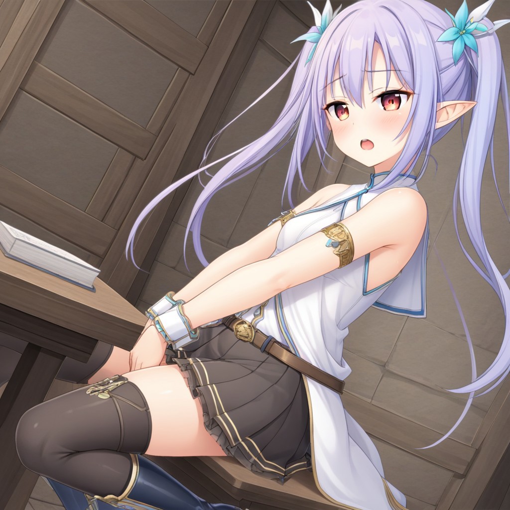 a girl with blue hair with original hair style 
- A soft cotton priestess dress 
- A flowy, black-brown skirt (just above the knee)
- black thighhighs
- A pair of black boots
- mountain trail background 
- tulip flower 
- magic time straped on belt
- high ponytails hair style (1.5)
- from side( caught while doing masturbate using tip pointy table)
- emotionless
- smooth skin 
- HORNY