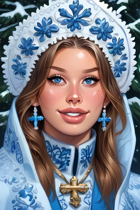 score_9,score_8_up,epiCPhoto,
light smile,upper body,
<lora:snegurochka-05:0.8>,snegurochka,1girl,kokoshnik_headdress,long blue coat,turtleneck dress,white fur trim,spruce forest,snow,rich embroidery on clothes,<lora:Lilandava_PDXL:0.25>,lilandavastyle,<lora:g0th1cPXL:0.25>,g0th1cpxl,<lora:officialpit_v2-8:0.5>,<lora:Anna_Peresild_v3:1>,anna_peresild,teen girl,slim,light brown hair,blue eyes,golden cross necklace,earrings,makeup,