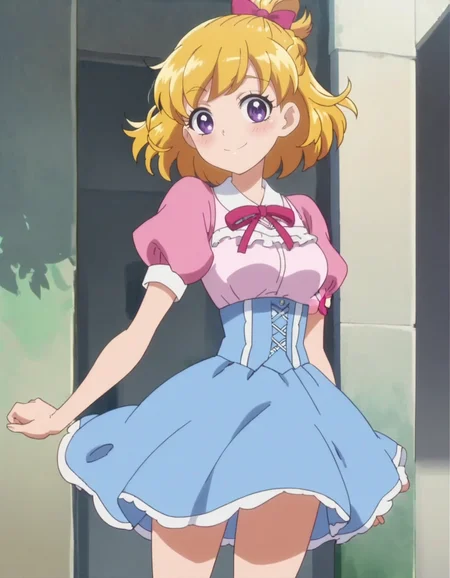 score_9, score_8_up, score_7_up, anime screencap, solo,1girl,asahinamirai, purple eyes,blonde hair,bow,neck ribbon,blue skirt,culotte skirt,pink puffy sleeves,cowboy shot,smile,blush,looking at viewer,medium breasts<lora:asahinamirai:0.8>
