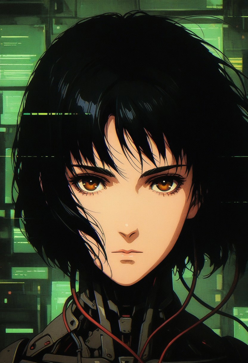 GLTST, Glitch, , 1girl, solo, cyberpunk, short hair, looking at viewer, science fiction, black hair, cyborg, portrait, closed mouth, cable, expressionless, serious, brown eyes