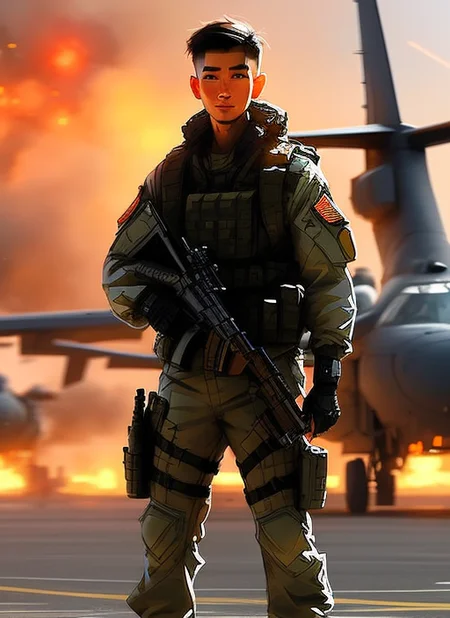 samdoesarts;  an image of man with military gear, cargo pants, (intricate), (detailed), digital art,  dynamic pose, in a battlefield