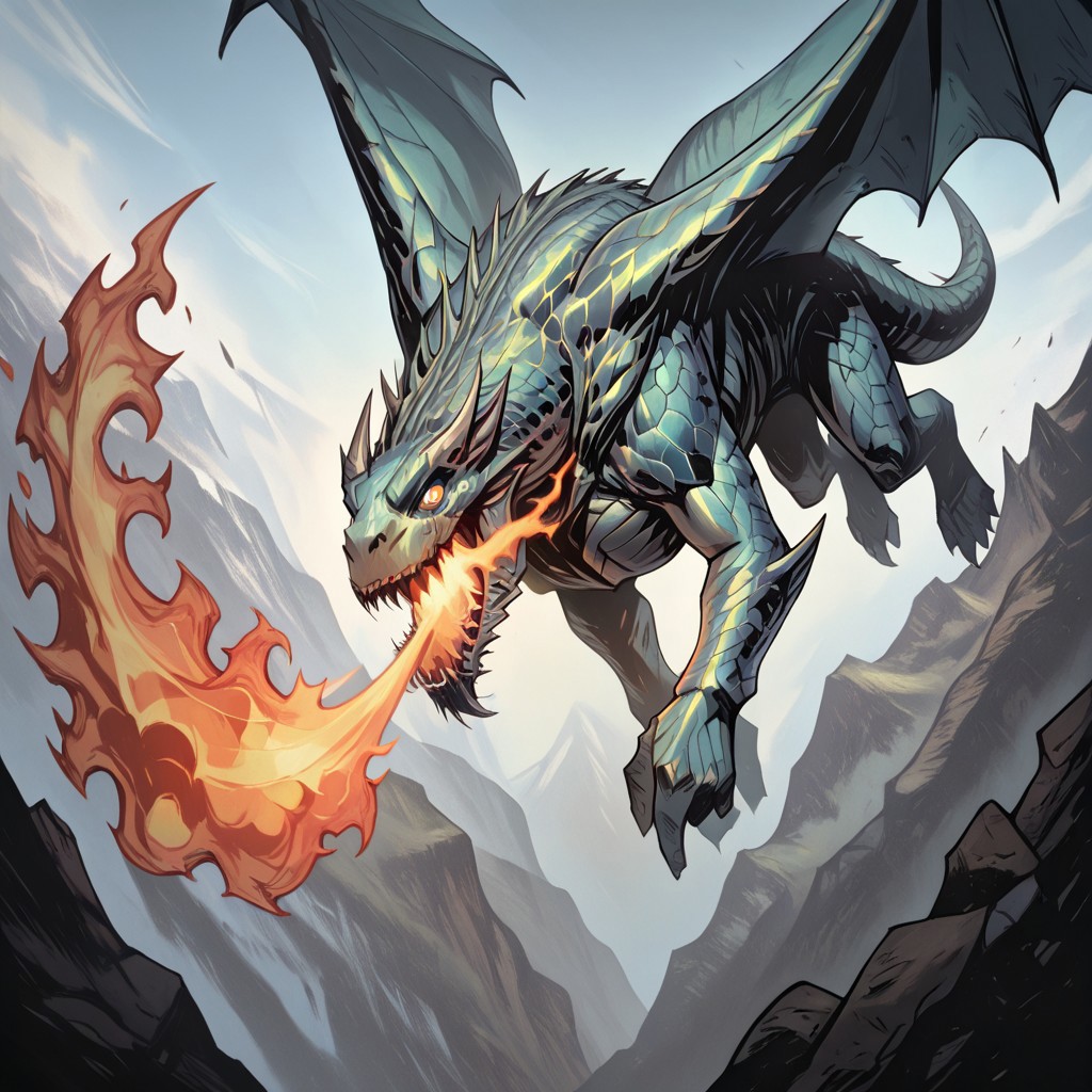 masterpiece, best quality, newest, absurdres, highres, TTCSV1.0, WDIV1.0, western dragon, dragon, monster, no humans, wings, scales, GOTPV1.0, flying, breathing fire, fire,