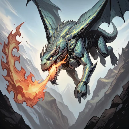 masterpiece, best quality, newest, absurdres, highres, TTCSV1.0, WDIV1.0, western dragon, dragon, monster, no humans, wings, scales, GOTPV1.0, flying, breathing fire, fire,