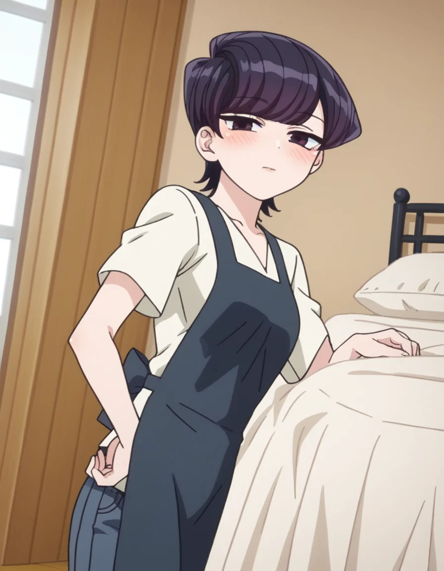 score_9, score_8_up, score_7_up, source_anime,
shuukokomi, <lora:shuuko-komi-s1s2-ponyxl-lora-nochekaiser:1>,
shuuko komi, short hair, black hair, black eyes, half-closed eyes,
shirt, white shirt, short sleeves, pants, apron, denim, jeans, blue apron,
indoors, bed, bed room, on side, blush, drunk,
looking at viewer, cowboy shot, dutch angle, solo,