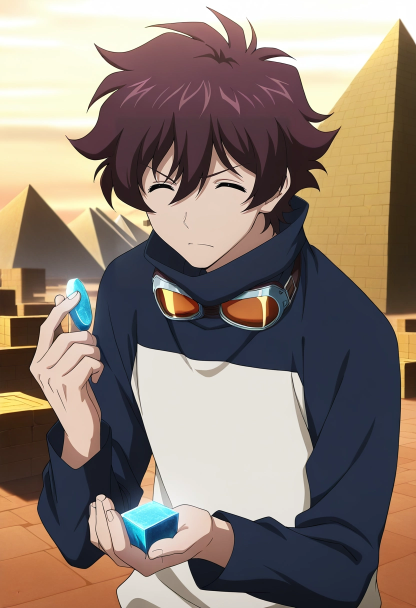 masterpiece, best quality, intricate details, anime screencap, anime coloring, official style,, 1boy, solo, male focus, <lora:leonardo_watch_ilxl:0.94>, leonardo_watch, brown hair, short hair, hair between eyes, bangs, closed eyes, goggles around neck, construction of the pyramids, towering stone blocks, laborers, chisels in hand, working pose, concentrated expression, midday heat,