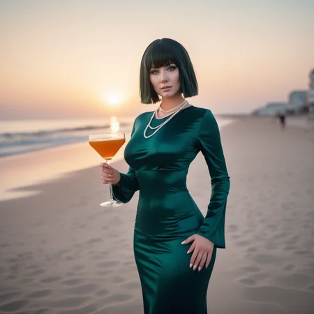 cinematic photo full body portrait 1girl, large breast, green eyes,  dress, necklace, thighhighs, jewelry, short black hair, bangs, having a cocktail on the beach, sunset <lora:Fubuki1024:0.8> . 35mm photograph, film, bokeh, professional, 4k, highly detailed