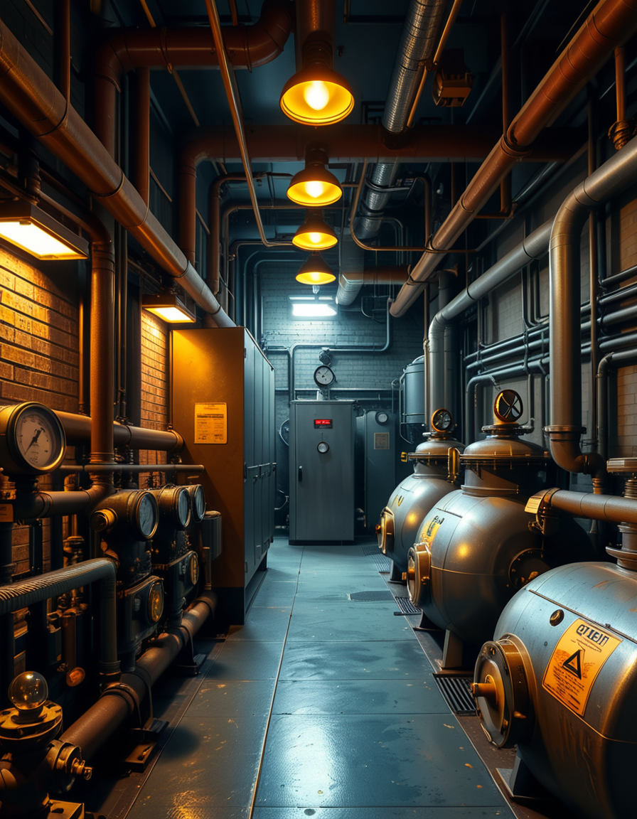 A highly detailed and realistic photograph of an industrial boiler room filled with large metal boilers, complex pipe systems, and pressure gauges. The room is dimly lit with a mix of warm yellow lighting from overhead industrial lamps and cool blue reflections from metallic surfaces. The air is slightly hazy with steam escaping from some of the pipes. The floor is made of reinforced concrete with visible stains from oil and water. Various control panels with blinking LED indicators and warning signs are mounted on the walls. The atmosphere is rugged and mechanical, evoking a sense of power and industrial efficiency. The depth of field is sharp, capturing intricate details such as rust on old pipes, the texture of the metal surfaces, and the labels on the control panels. The composition emphasizes symmetry, with pipes and machinery creating a structured, almost futuristic aesthetic. 
<lora:SDXLFaeTastic2400:0.4> <lora:extremely_detailed:0.4> extremely detailed,<lora:industrial_boiler_room:1>,industrial b01l3r r00m, Masterpiece,best quality,hi res,8k,hi res,8k,award winning,(sharp focus, intricate, highly detailed),