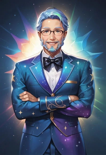 score_10, score_9_up, score_8_up, score_7_up, score_6_up, vibrant colors, shiny skin, prefect lighting, detailed image, snoozing, masterpiece, best quality, highly detailed, ultra quality, BREAK,
<lora:galaxyXLP:1> galaxy,
1man, solo,, old man, Glasses, beard,, detailed face, smiling, jewelry ,,suit made of galaxy, black bow tie, ((clothes made of galaxy)),
looking at viewer, detailed background , indoors , cinematic composition , dynamic pose , Arms crossed ,
