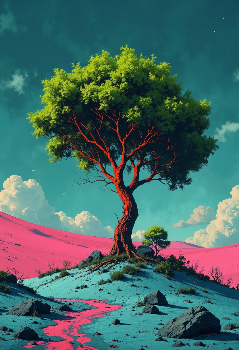 midjourney art
A surreal landscape with a lonely tree on top of a small hill.((hight detalisation tree)) A tree with a dense crown of bright green color, with red branches, grows on blue sand. There are a few rocks and small bushes around, and in the background you can see pink sand dunes that create a sense of calm, fantastic nature. The sky is dark blue, with ((beautiful vitage white clouds)), which adds depth and contrast to the picture.