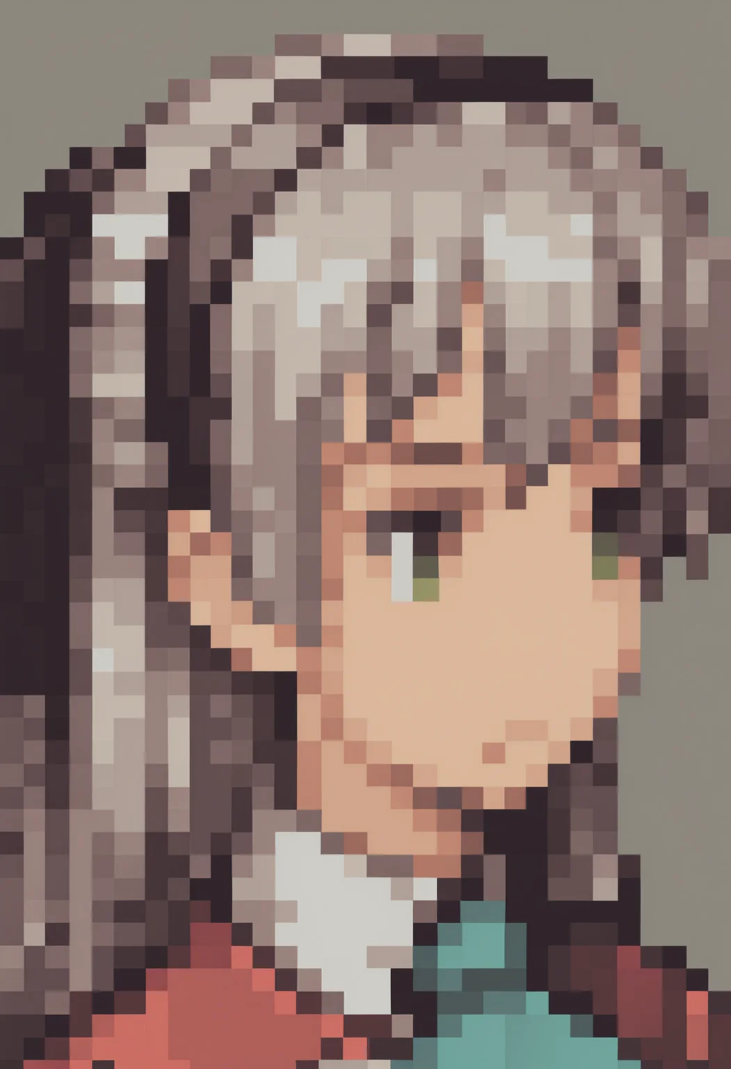 masterpiece, best quality, solo, 1girl, looking at viewer, <lora:FFT-Portraits-illus_Fp:1>, pixel art, portrait, simple background, <lora:elie-illu-nvwls-v1:1>, zrelie, grey hair, long hair, half updo, green eyes, black hairband, hair ribbon, white and red uniform, white dress, aqua ascot,