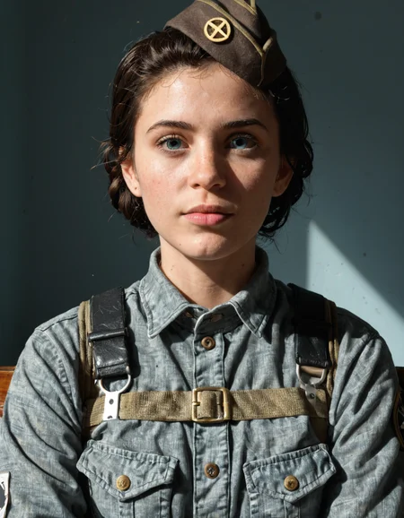 <lora:Rainbow_Six_Siege_French_girl_101_pony_r1:0.8> frenchgirlrainbow101 sitting score_9, score_8_up, score_8, score_9, 2K, realistic, raw, hyper-realistic, <lora:Dramatic Lighting Slider:2> gothic clothes ,Low-angle medium close-up capturing a , damp brown hair in a army base next to a tank foreground. Background: indistinct industrial streetscape dissolves into dense, cool teal fog. Cinematic realism, evoking a gritty indie film still. Palette dominated by muted indigo denim and teal-grey haze, punctuated by earthy rust and pale skin tones under flat, overcast diffused lighting that enhances the melancholic, isolated mood. Textures: stringy wet hair, weathered denim, rough flaking rust.