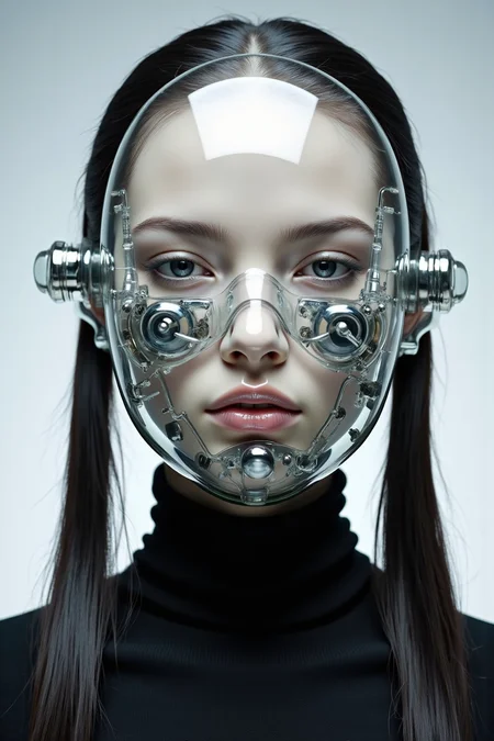 Acrylic, Translucent style, Split image in two halves, one half shows a young woman, the other half shows the woman as an android cyborg with ceramic face parts, revealing full transparent glass head with mechanical parts, long, dark hair styled in two high pigtails, Sci-fi movie (style by George Shaw), shallow depth of field, vignette, (Fujicolor Superia X-TRA 400)