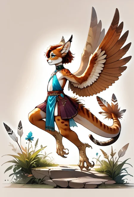 DarirStyle
full body, solo, score_9, score_8_up, score_7_up, 1 person, flat chest, no breasts, anthro, ((long toes, nimble toes, handfeet)):1.4, ((wing arms, wings only)):1.6, pelvic curtain skirt, feline features, feline nose, large ears, ((thick tail, tapering tail, feather tipped tail)), harpy:1.2, large wings, variety, digitigrade legs, ((side profile)), rating: safe