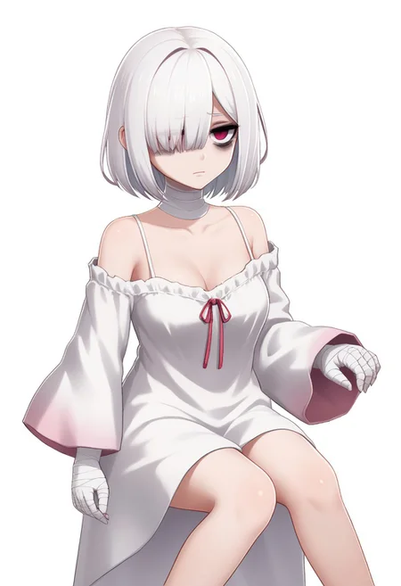 score 8 up, solo,1girl, white hair, hair over one eye, two-tone eyes, pink eyes, red eyes, white clothing, spaghetti_strap, oversized blouse, medium breasts, bags under eyes, mascara, bandaged_neck, bare legs, fewarriorsportraits, portrait, white background