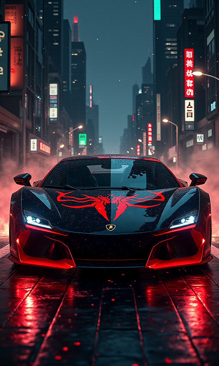 comic HDR photo of metropolis-themed Automotive advertisement style black and red spider modified modern Lamborghini . Sleek, dynamic, professional, commercial, vehicle-focused, high-resolution, highly detailed . urban, cityscape, skyscrapers, modern, futuristic, highly detailed, illustration, old canvas, particles, dark background, art by Earle Bergey, art by Steven DaLuz, art by Ignacio Zuloaga , inspired by Tim and Greg Hildebrandt, style of luis royo, High dynamic range, vivid, rich details, clear shadows and highlights, realistic, intense, enhanced contrast, highly detailed . graphic illustration, comic art, graphic novel art, vibrant, highly detailed