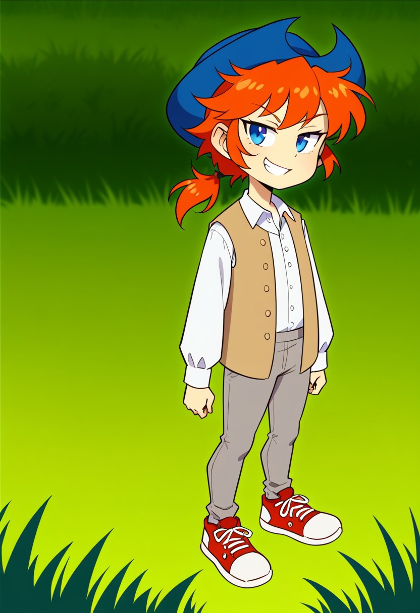 score_8, score_8_up, score_7_up, 1girl, female focus, solo, Pep_pum, red hair, pointy hair, low ponytail, short ponytail, blue eyes, tricorne, blue headwear, white shirt, button-up shirt, long sleeves, vest, open vest, capri pants, grey pants, sneakers, red footwear, smug, (from side:0.25), facing viewer, outdoors, grass, plain, standing, reverse trap