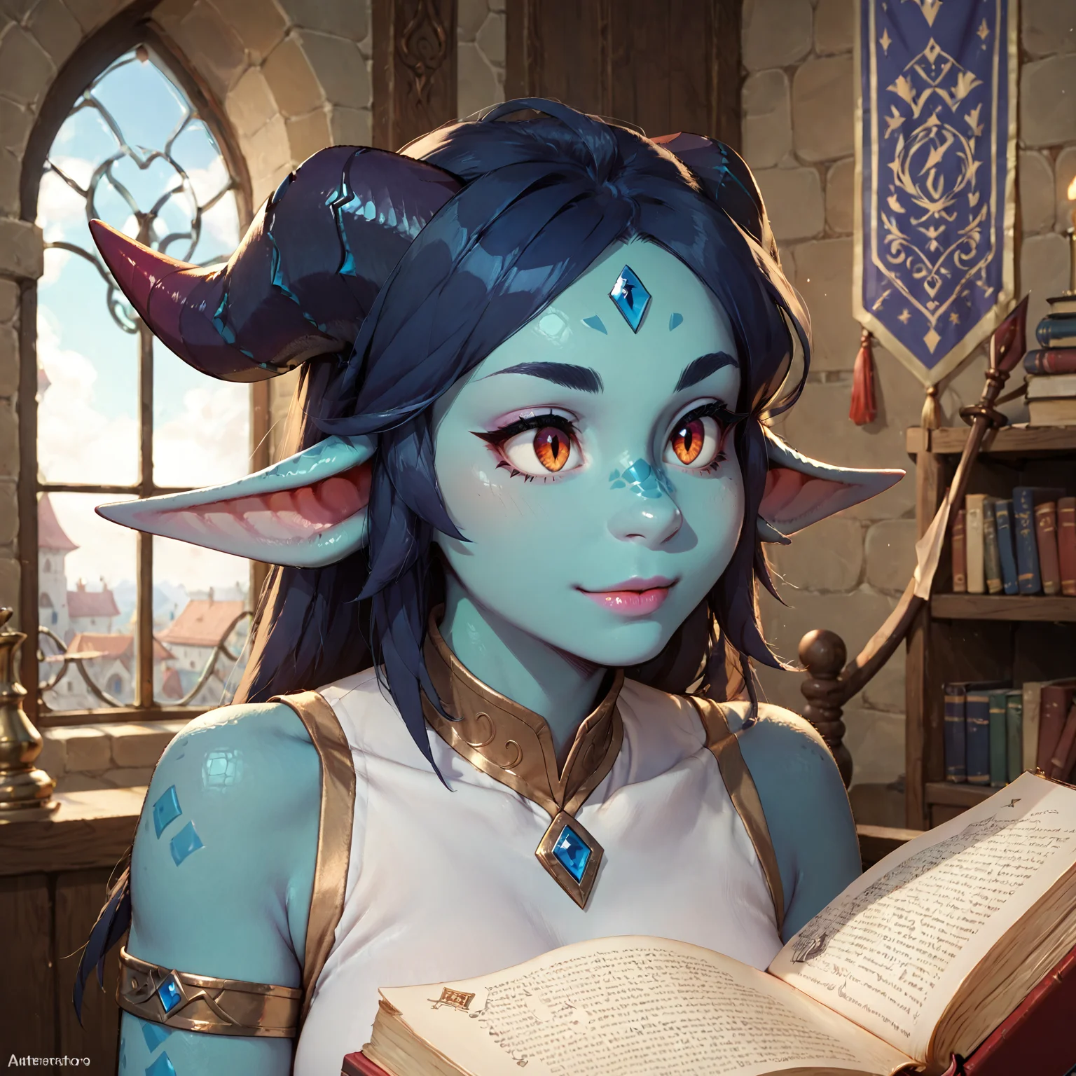 score_9, score_8_up, score_7_up, dragon woman, blue skin, dragon woman, medium breasts, mage robes, adventurer, face focus, dragon wings, close up, indoors, castle interior, banner, window, magic, book, mage  <lora:blue_dragon_lady_06:0.8>