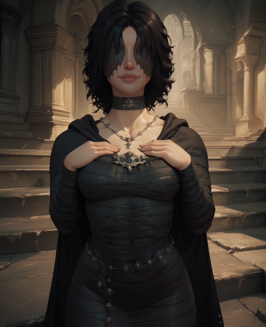 score_9,score_8_up,score_7_up,
MidenInBlack,black hair,lips,waxed covered eyes,
choker,necklace,black dress,cape,long sleeves,
light smile, hand on own chest, 
stairs,magical ruins,indoors,
<lora:MaidenInBlack135:0.9>,v,