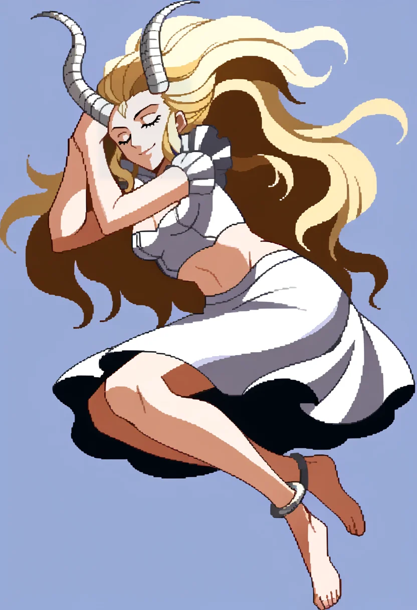 score_9, score_8_up, score_7_up, source_anime, BREAK, solo, 1girl smile, looking at viewer, <lora:Isthar-pdxl_Fp:1>, istharsmt, horns, blonde hair, long hair, closed eyes, midriff, frills, white skirt, <lora:Under-Night-In-Birth-SpritesV2-pdxl_Fp:1>, simple background, full body, floating, anklet, on side, lying, hand in own hair,
