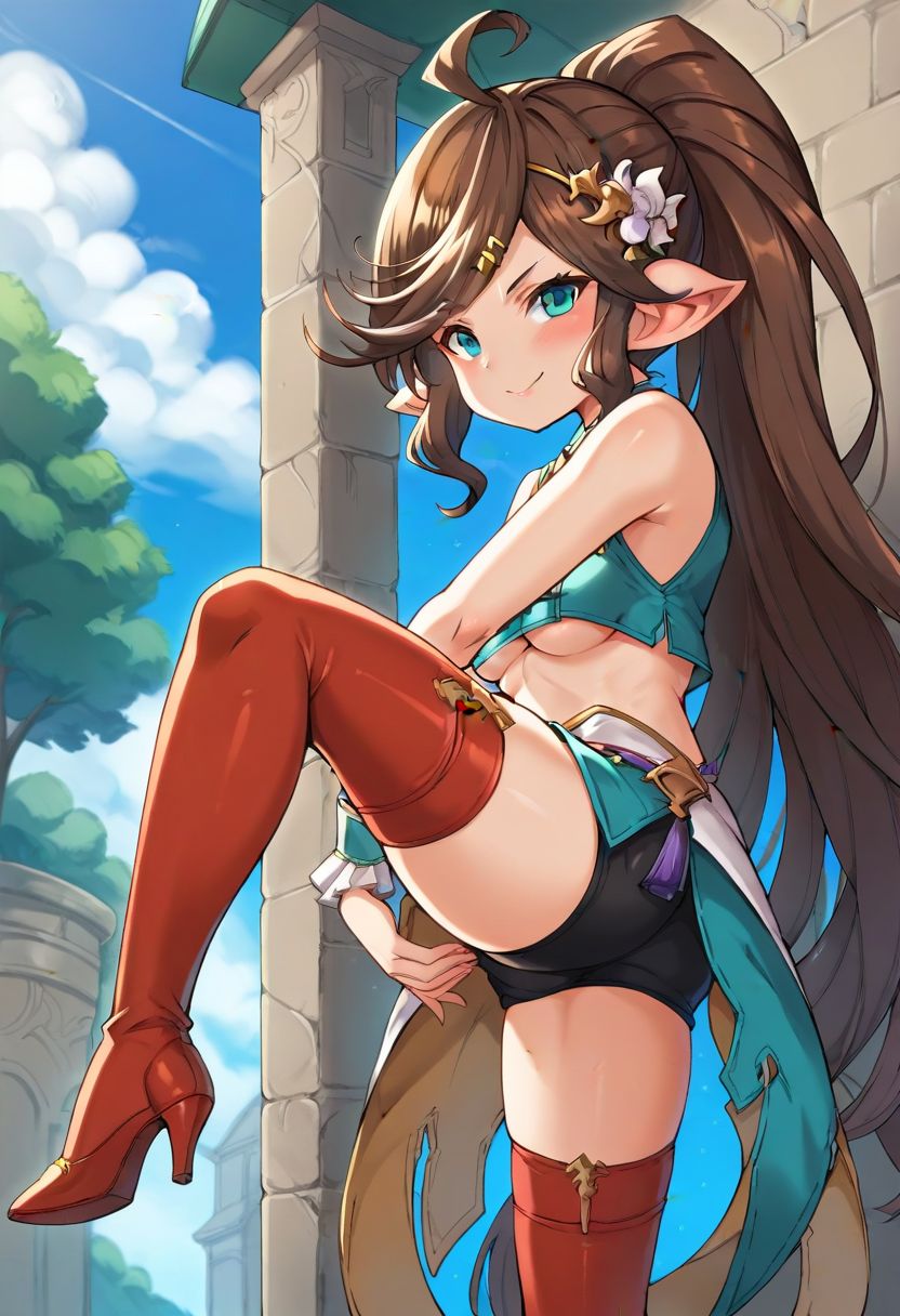 score_9, score_8_up, score_7_up, best quality, uncensored, source_anime, intricate details, high quality, perfect anatomy, BREAK
1girl, solo, gbf-polaris, harvin, brown hair, ponytail, green eyes, hair ornaments, (underboob:1), sleeveless shirt, layered shirt, crop top, layered skirt, wrist cuffs, gradient legwear, red thighhighs, high heels, boots, hair flower, ribbon,
pantyshot, hands between legs, Flirty, A playful smile, arched eyebrows, and a slightly tilted head., outdoors,
<lora:sdxl_lightning_8step_lora:1> <lora:gbf-polaris_XL(pony):1>