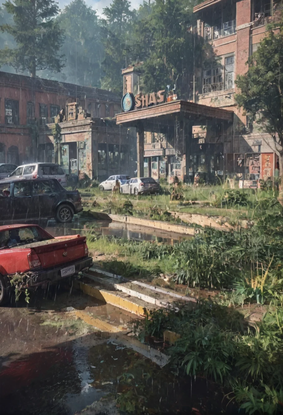 ,ruanyi0763,outdoors,tree,building,ruins,gas station,,ruanyi0714,water drop,rain,,ruanyi0754,chain,plunging neckline,side slit,black dress,collar,thigh strap,pelvic curtain,all fours,<lora:0763 post apocalypse_v1_pony:0.9>,<lora:0714 rainy day_v1_pony:1>,<lora:0754 Black Prom_v1_pony:1>, score_9,score_8_up,score_7_up,,8k,1girl,solo,