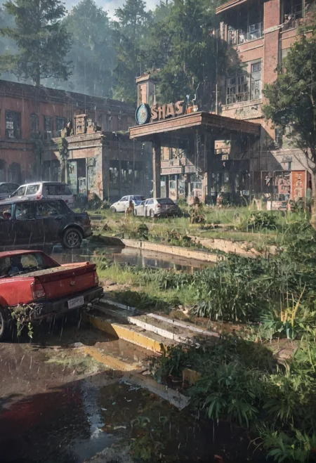 ,ruanyi0763,outdoors,tree,building,ruins,gas station,,ruanyi0714,water drop,rain,,ruanyi0754,chain,plunging neckline,side slit,black dress,collar,thigh strap,pelvic curtain,all fours,<lora:0763 post apocalypse_v1_pony:0.9>,<lora:0714 rainy day_v1_pony:1>,<lora:0754 Black Prom_v1_pony:1>, score_9,score_8_up,score_7_up,,8k,1girl,solo,