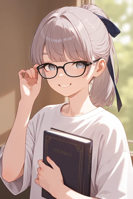 masterpiece, best quality, absurdres, safe
1girl, lapwing, grey hair, grey eyes, ponytail, hair ribbon,
white shirt, t-shirt, adjusting eyewear, glasses, black-framed eyewear, smile, holding book, looking at viewer
<lora:lapwing_il_2_d16:1>