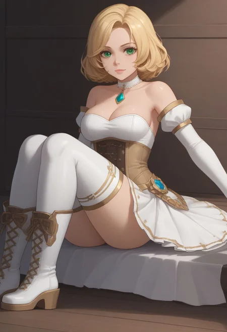 high quality, solo, 1girl, FioraDE, green eyes, blonde, medium hair, white bralette strapless, detached sleeves, skirt, thighhighs, boots, choker,