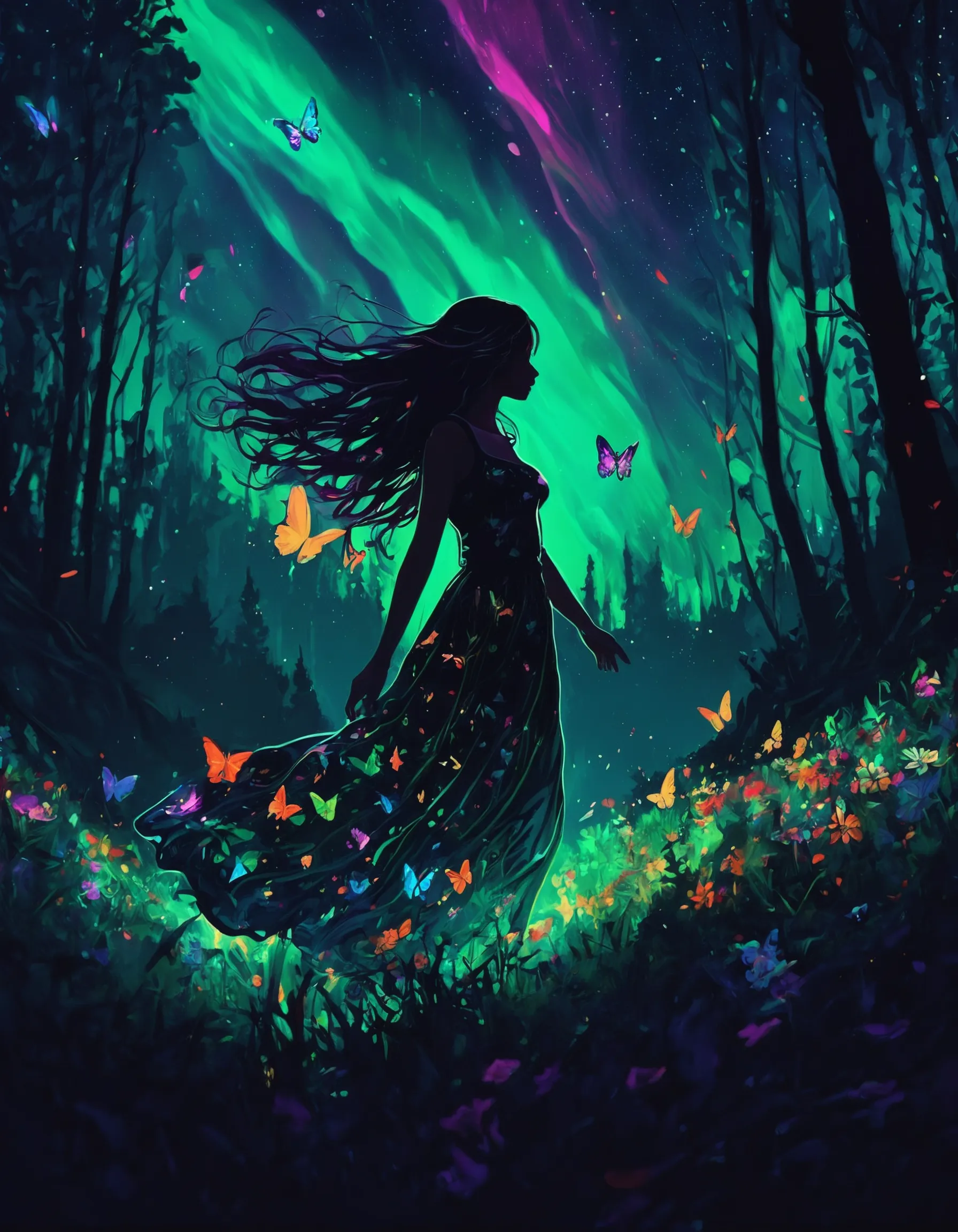 masterpiece, high quality, abstract, 1girl, centered, side view, black silhouette of a girl, (long flowy hair), flowy skirt, green forest background, ((dynamic pose)), ((flowers)), ((glowing butterflies)), night time, dark theme, starry sky, glowing hair, cinematic, vivid colors, ((saturated neon colors)), perfect hands, anzhcdreamwave, aesthetic, Perfect Hands, aurora borealis