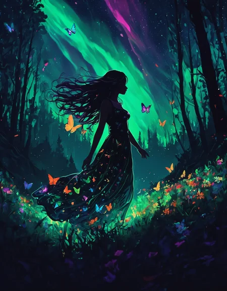 masterpiece, high quality, abstract, 1girl, centered, side view, black silhouette of a girl, (long flowy hair), flowy skirt, green forest background, ((dynamic pose)), ((flowers)), ((glowing butterflies)), night time, dark theme, starry sky, glowing hair, cinematic, vivid colors, ((saturated neon colors)), perfect hands, anzhcdreamwave, aesthetic, Perfect Hands, aurora borealis