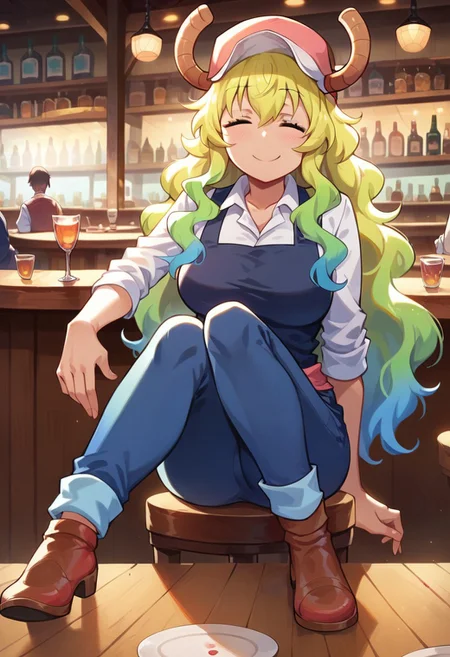 score_9, score_8_up, score_7_up, masterpiece, best quality, expressive, background, bar, bartender, smile, Lucoa_(Maidragon), masterpiece, best quality, 1girl, sitting down, chair, thick.