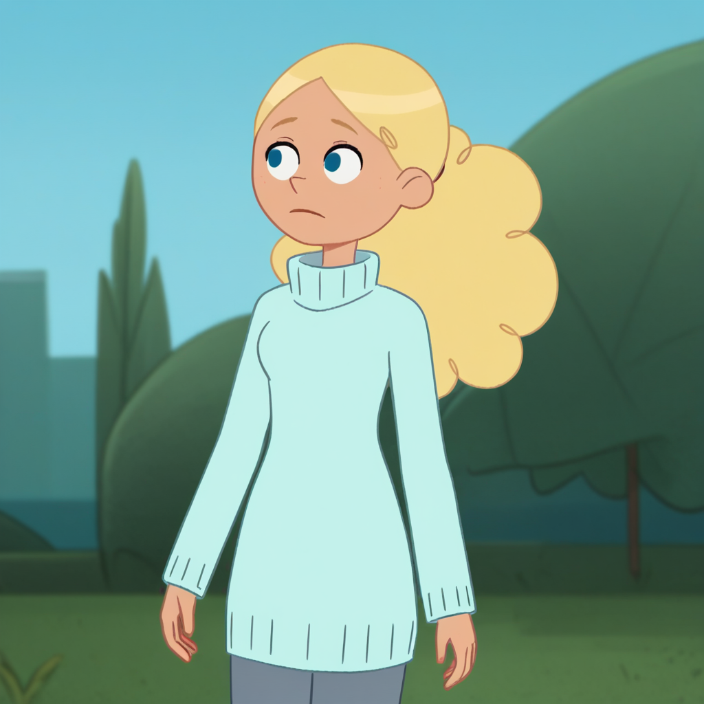 score_9_up, score_8_up, score_7_up, BREAK, Pierrette, 1girl, solo, blonde hair, long hair, ponytail, blue eyes, turtleneck sweater, cowboy shot,  <lora:Pierrette_OnceUponATimeTheObjects_PXL_Leaf1:1>, outdoors,