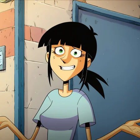 score_9, score_8_up, score_7_up, 1girl, Solo, Sarah_TADL, light skin, green eyes, black hair, straight fringe, low ponytail hairstyle, light blue short-sleeve T-shirt, tight blue jeans, black shoes, medium breasts, narrow waist, wide hips, looking at viewer, highres, high quality, masterpiece