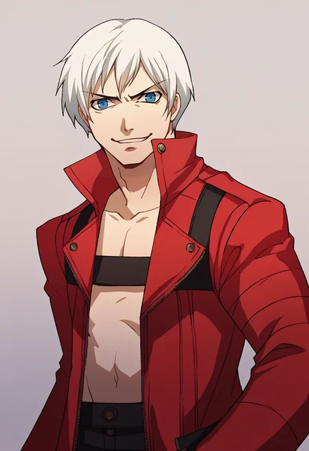 score_9, score_8_up, score_7_up, source_anime, BREAK, solo, 1boy, looking at viewer, smirk, <lora:P3-Portraits-pdxl_Fp:1>, simple background, <lora:dmc3_dante_ponyXL:1>, dmc3dante, red coat, bandeau, standing, white hair, blue eyes,
