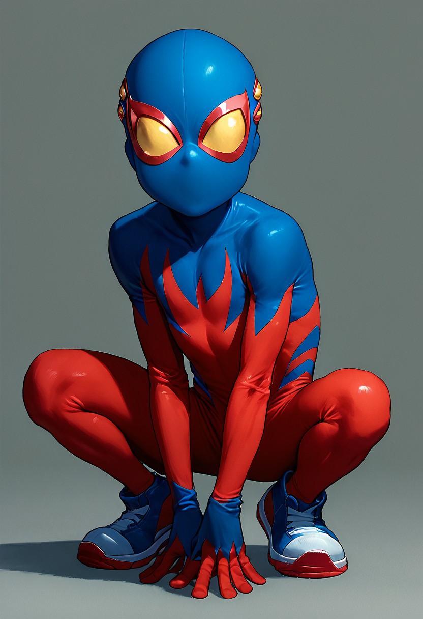 score_9, score_8_up, score_7_up,1boy, solo, cute boy, Spider-Boy Costume, Sneakers, mask, crouching,