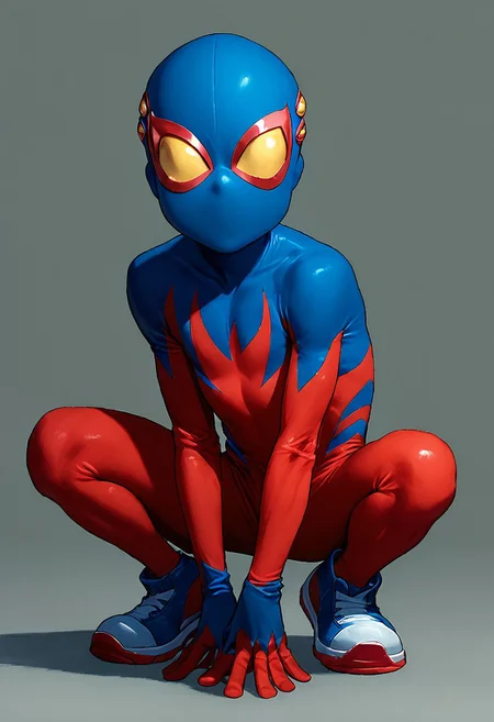 score_9, score_8_up, score_7_up,1boy, solo, cute boy, Spider-Boy Costume, Sneakers, mask, crouching,