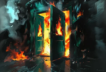 <lora:flame silhouette:1>, <lora:flame:1>, flame,
burning office green door, office,
graphic style of novel comics, perfect hands, 2d,
8k, hyperrealism, masterpiece, high resolution, best quality, ultra-detailed, super realistic, Hyperrealistic art, high-quality, ultra high res, highest detailed, lot of details, Extremely high-resolution details, incredibly lifelike, colourful, soft cinematic light,